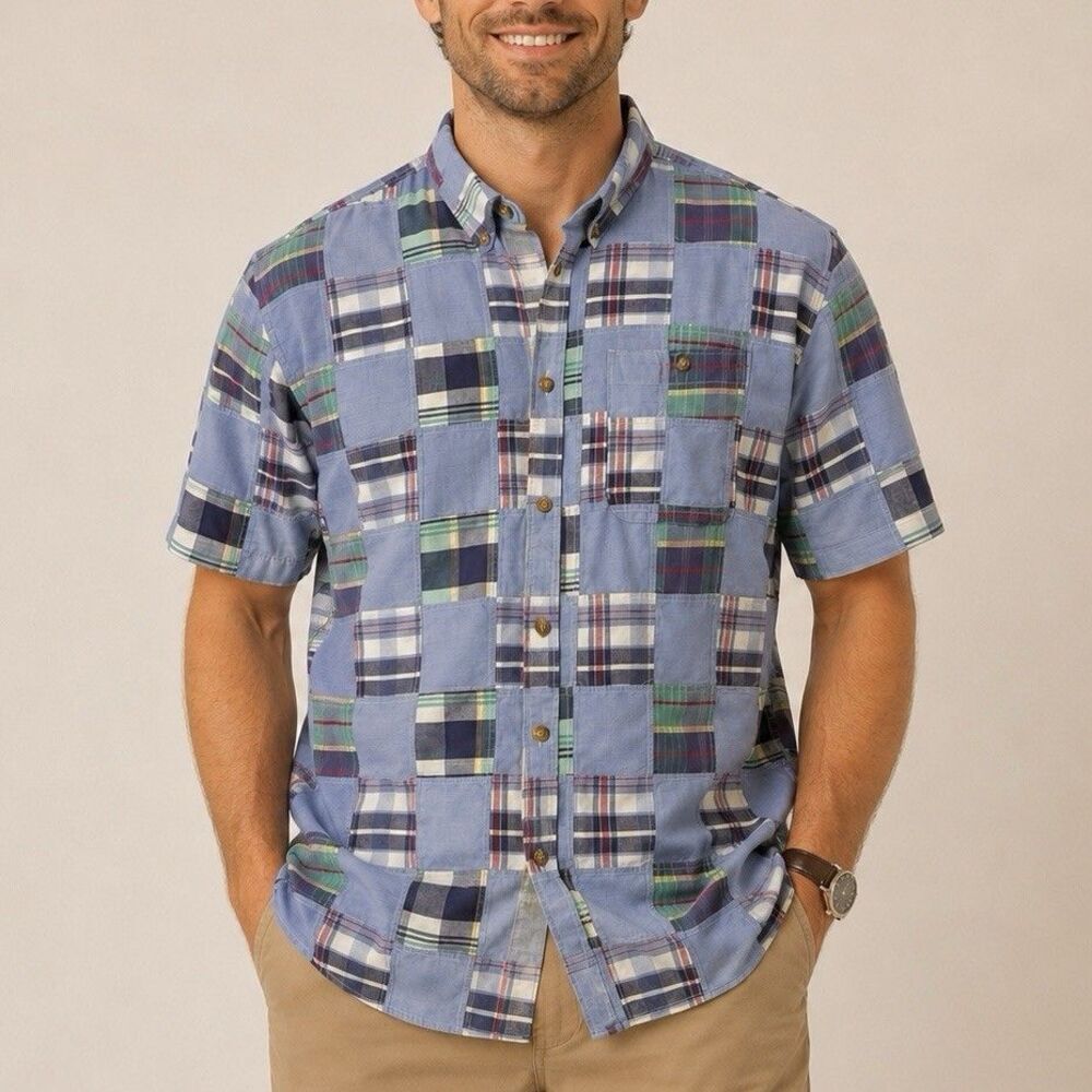 Orvis Patchwork Madras Shirt XL Blue Plaid Short Sleeve Button Front Cotton